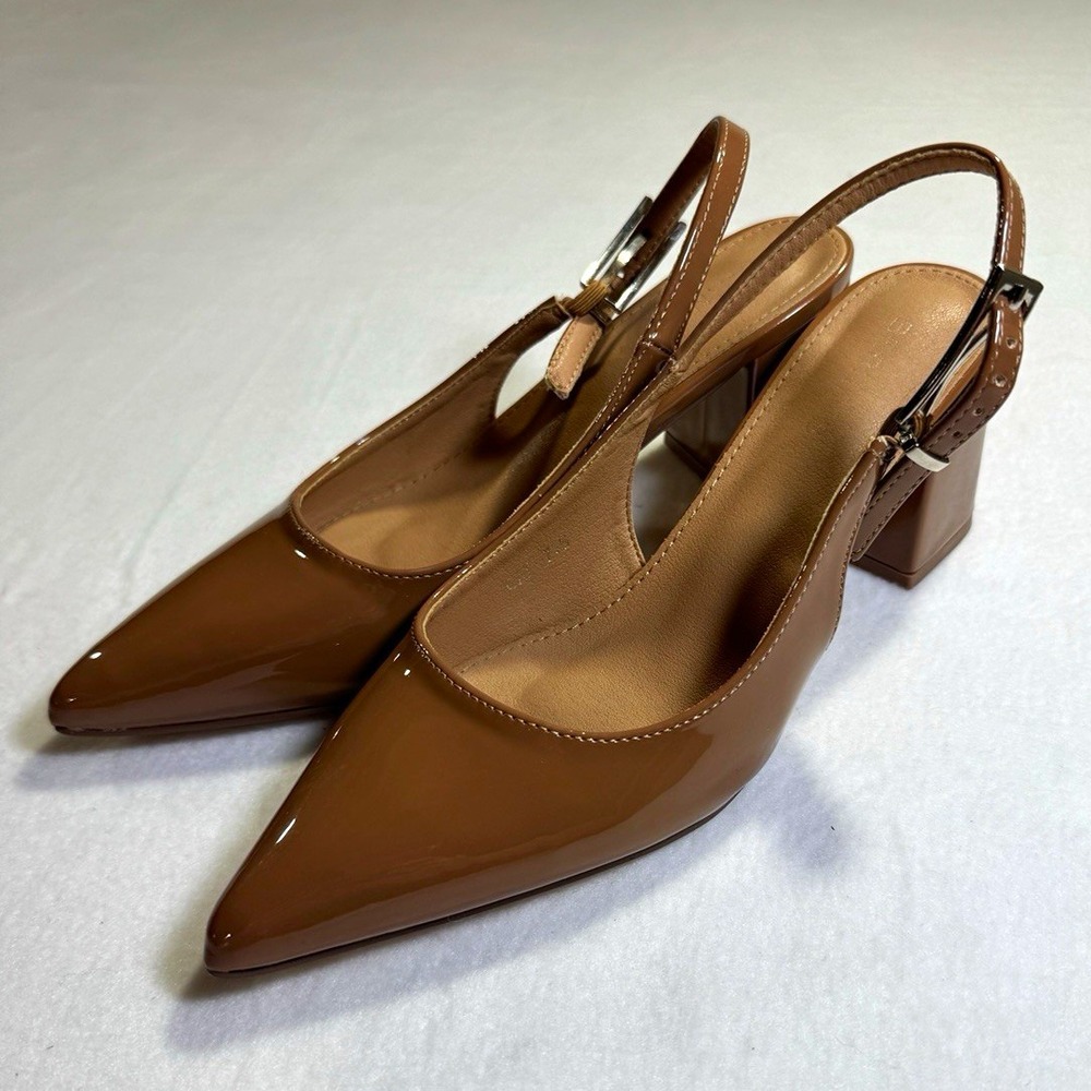 Berness Brown Patent Leather Pointed Toe Slingback Block Heel Pumps Size 7.5